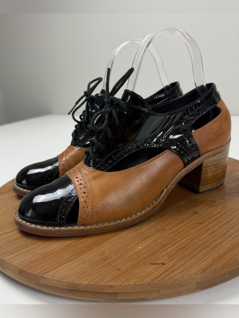 Jeffrey Campbell Ibiza Two-Tone Black and Brown Lace-Up Open-Toe Heel Oxfords - Picture 3 of 10